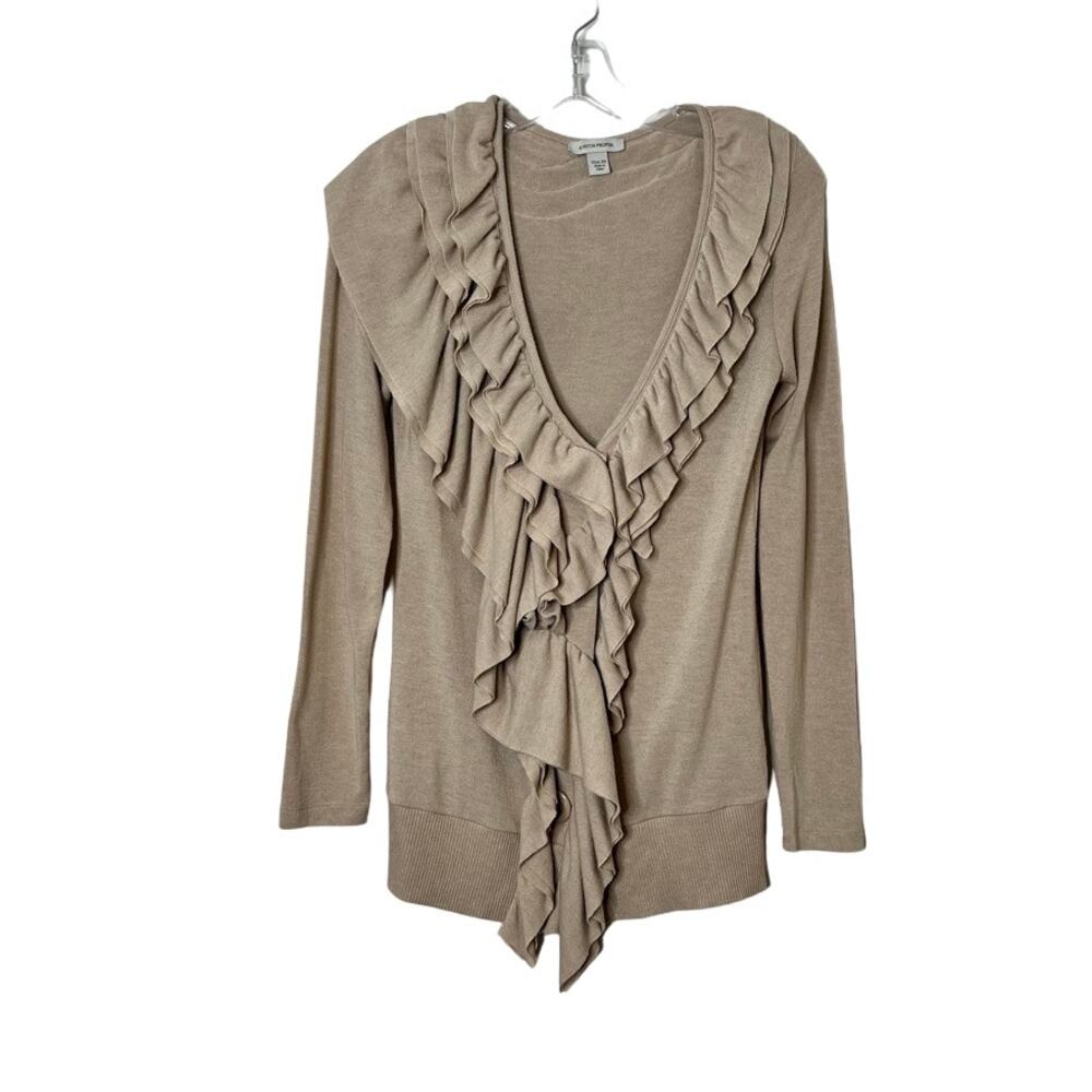 Boston Proper Long Sleeve Ruffle Button Front Top Tan XS